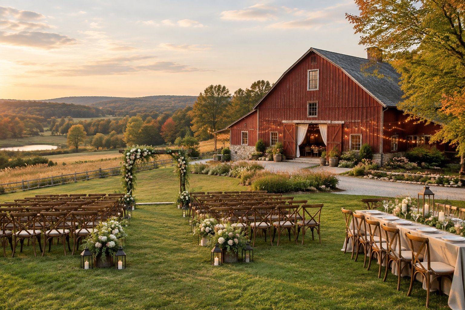 A rustic red barn wedding venue surrounded by fields, autumn trees, outdoor ceremony chairs, and floral decorations.
