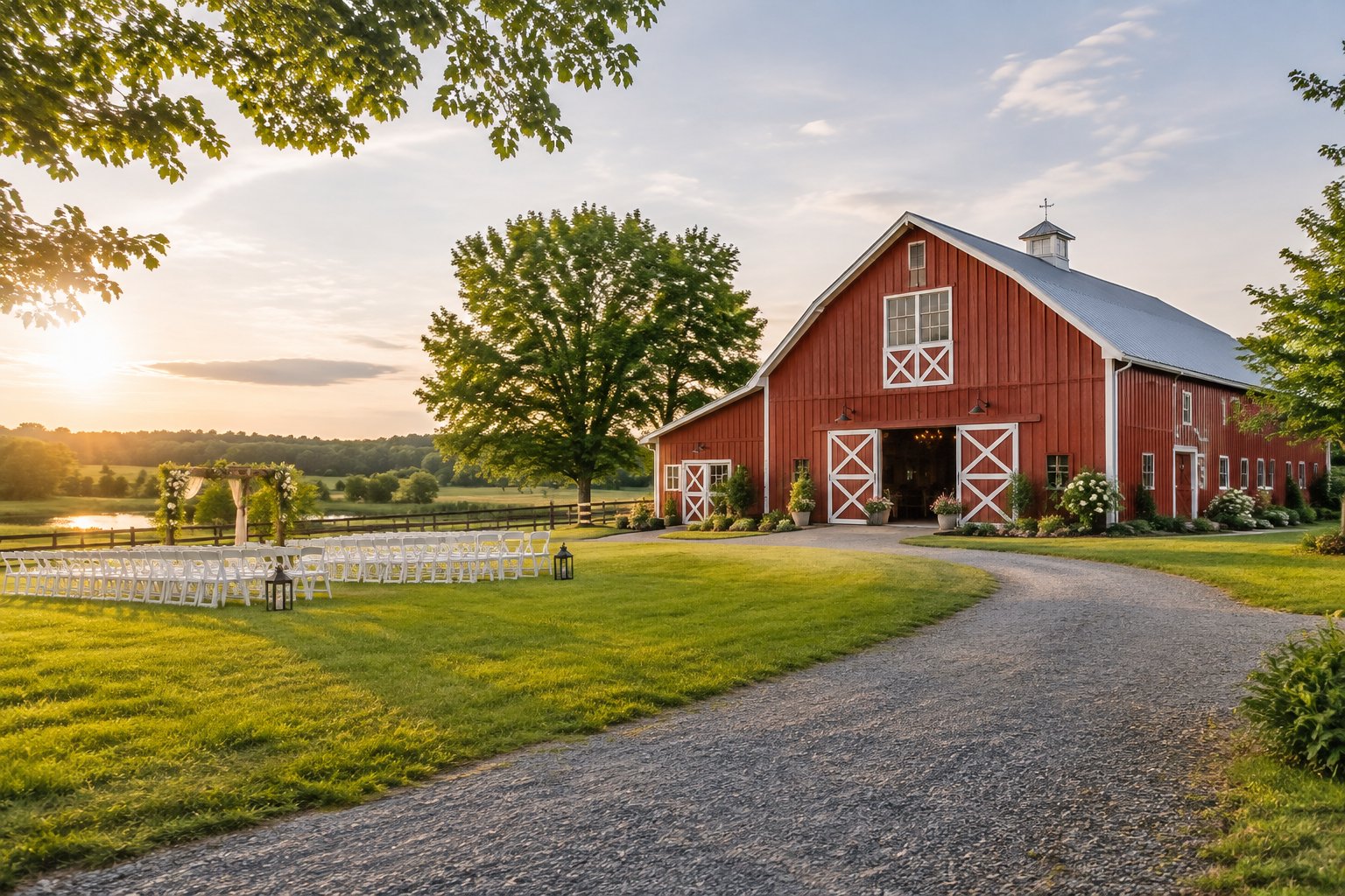 A restored red barn surrounded by green fields with a simple outdoor wedding setup.