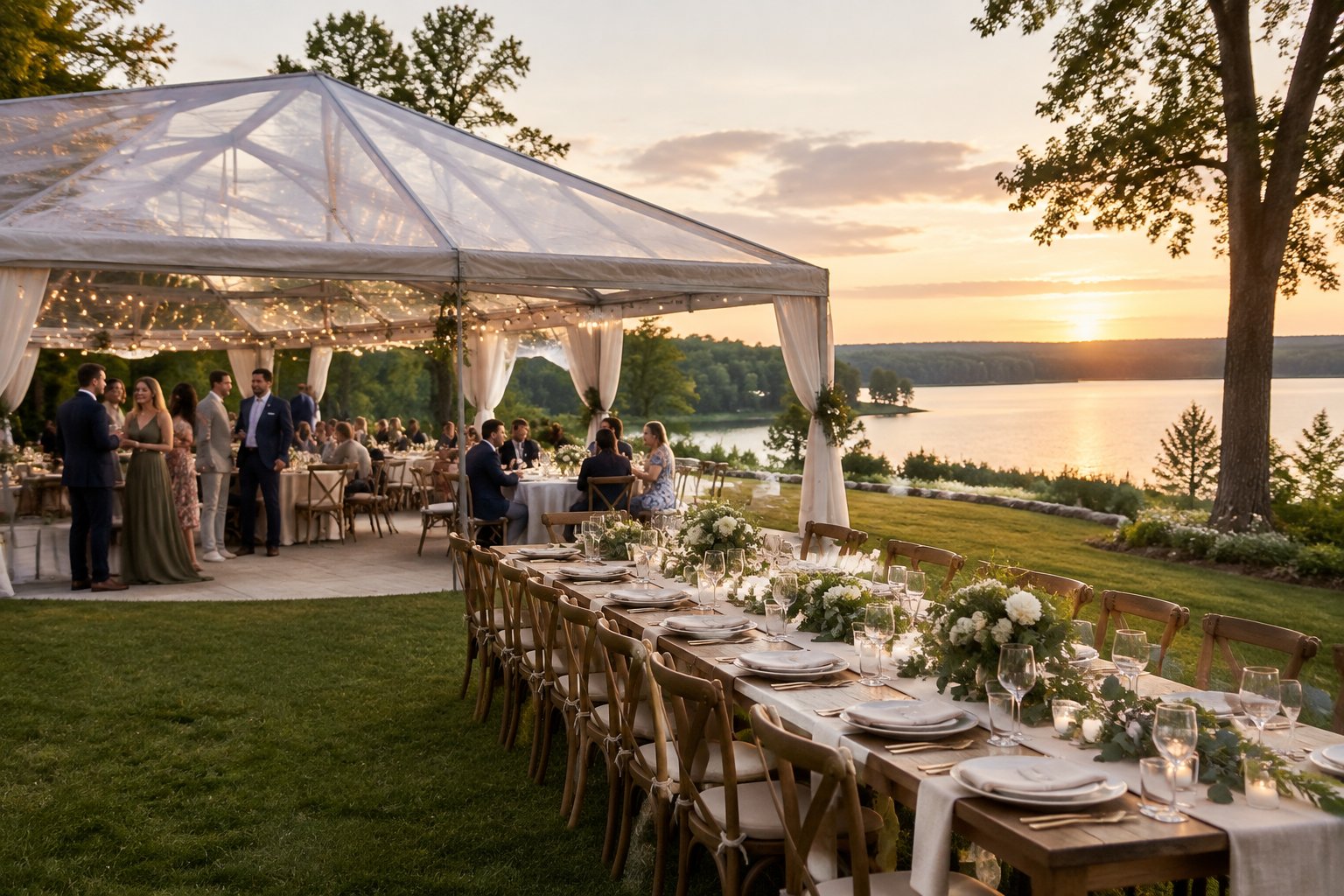 Elegant lakeside wedding reception under a modern pavilion in the Kawartha Lakes countryside.