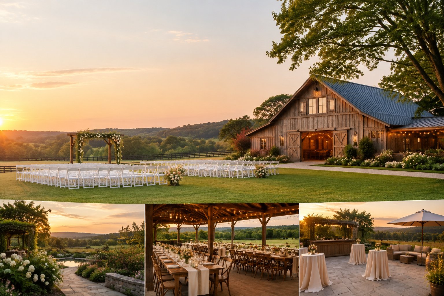 A rustic barn wedding venue with outdoor ceremony seating, gardens, and surrounding South Jersey farmland.