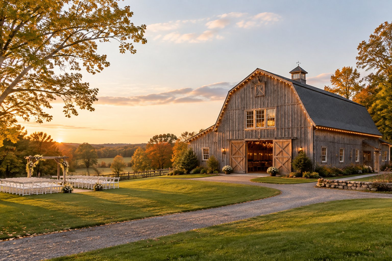 A historic Massachusetts barn wedding venue surrounded by trees, meadow, and outdoor ceremony chairs.