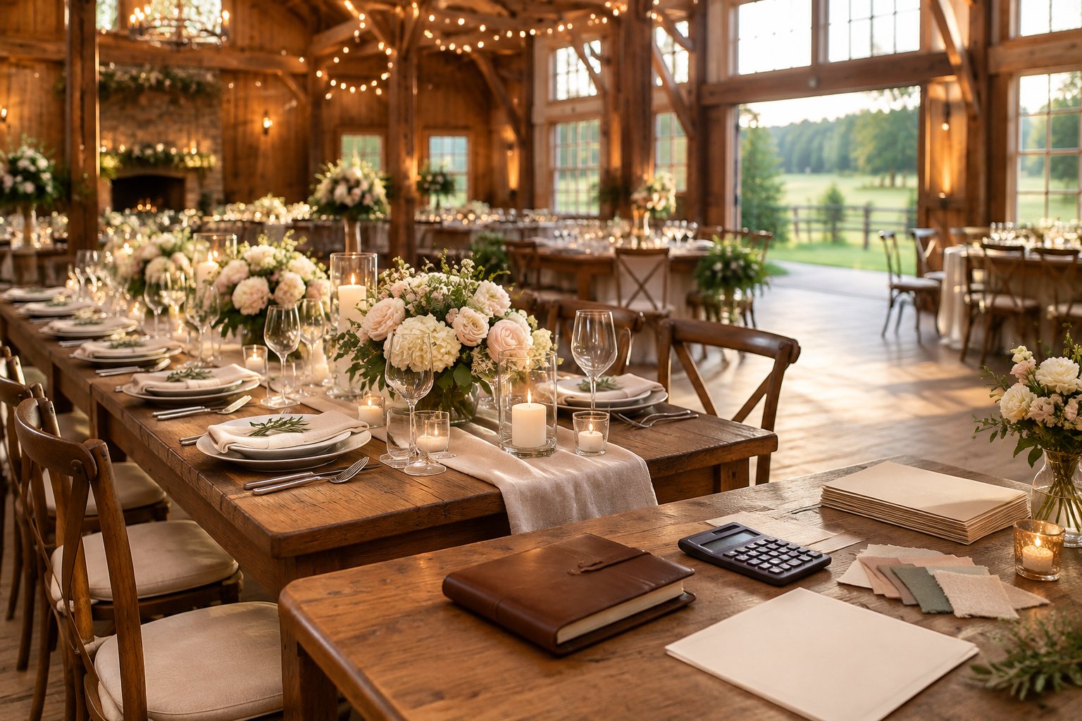 Rustic barn wedding reception table with flowers, candles, and planning materials in a sunlit New England venue.