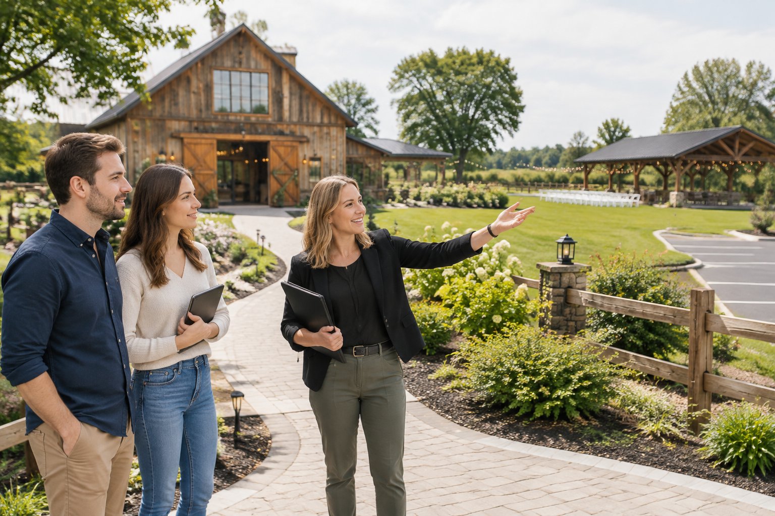 A couple tours a rustic barn wedding venue with a coordinator in a green South Jersey landscape.