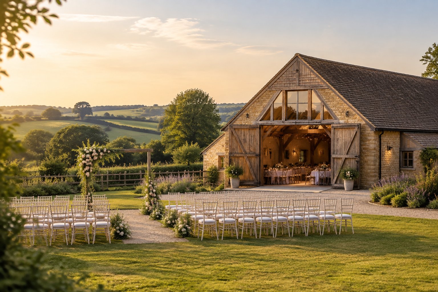 A rustic barn wedding venue surrounded by green countryside, with outdoor ceremony chairs and a floral arch.
