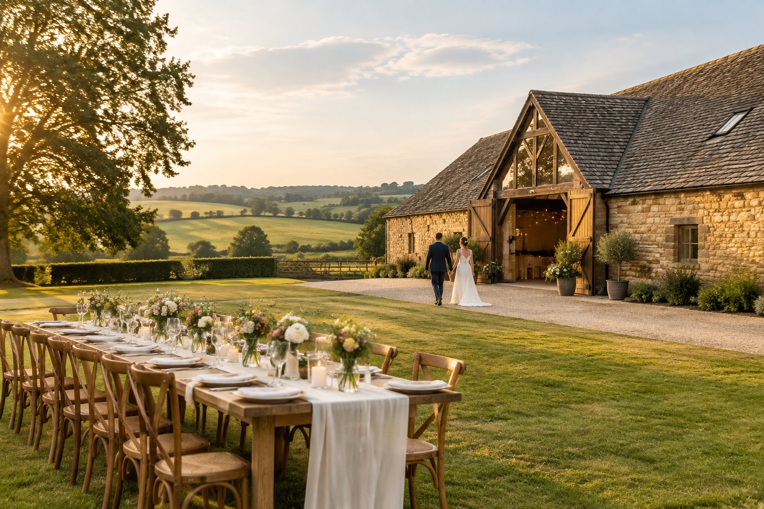 A couple approaches a decorated wedding reception outside a converted barn in the Leicestershire countryside.