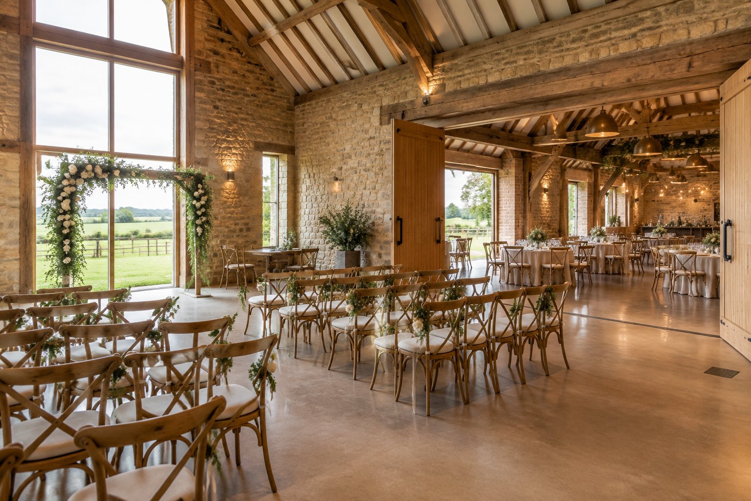 A rustic barn wedding venue showing a ceremony area connected to a decorated reception space.