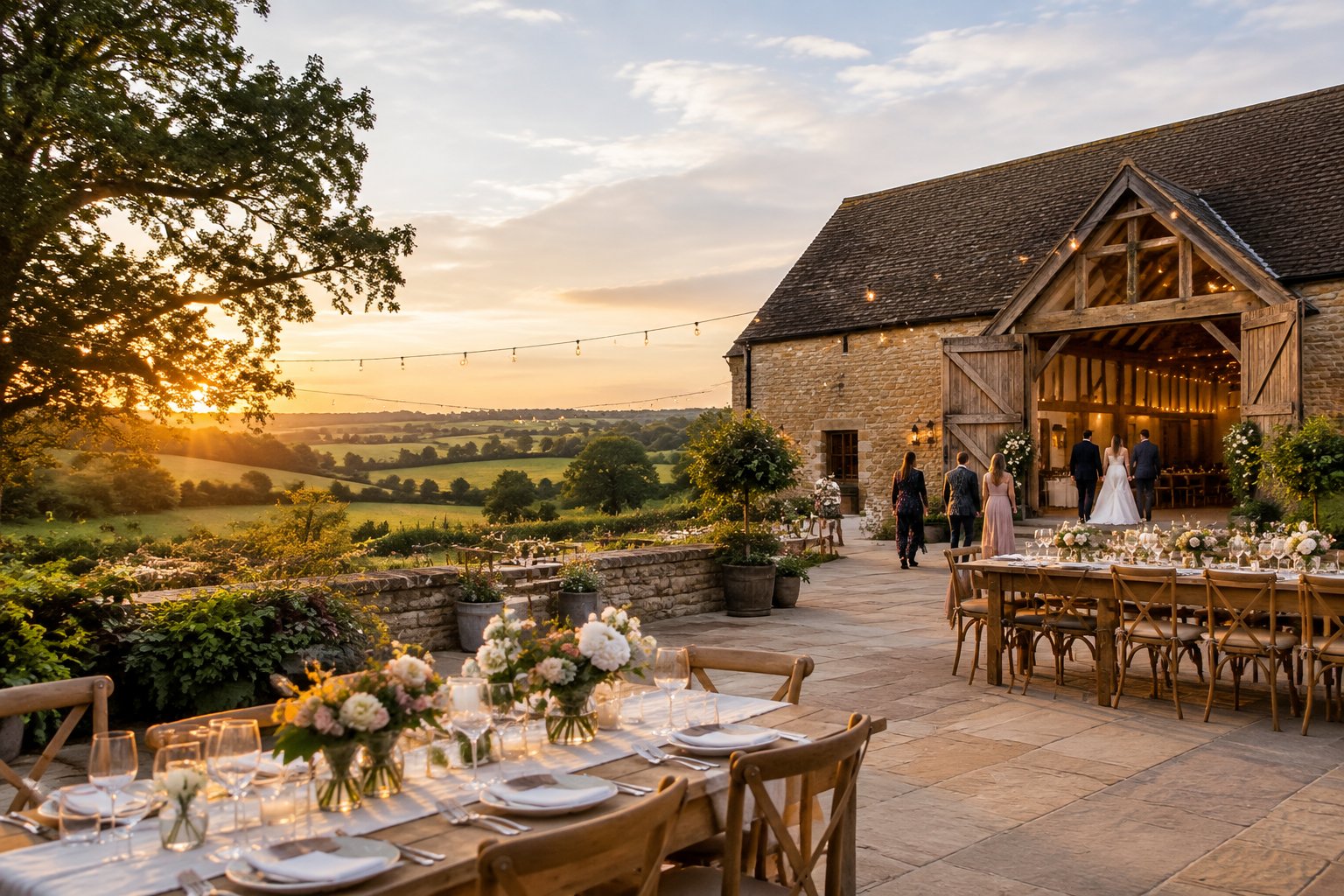A rustic barn wedding venue surrounded by green countryside, with outdoor tables and floral decorations.