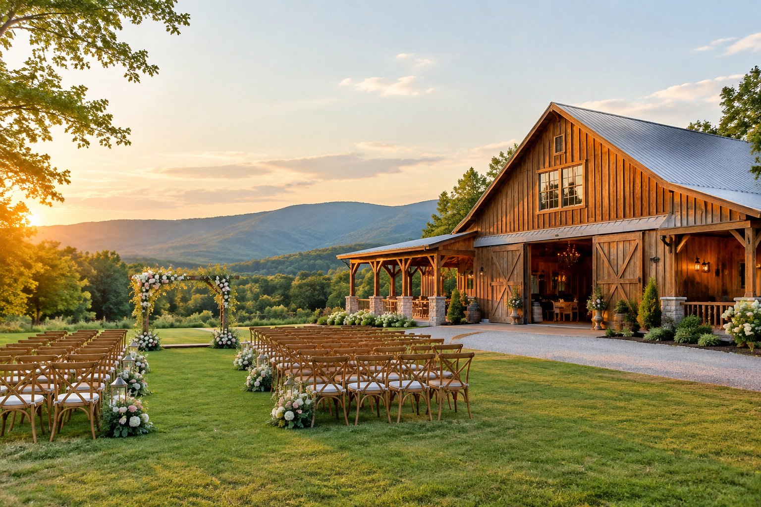 A rustic barn wedding venue with outdoor ceremony seating, floral decorations, and green hills in the background.