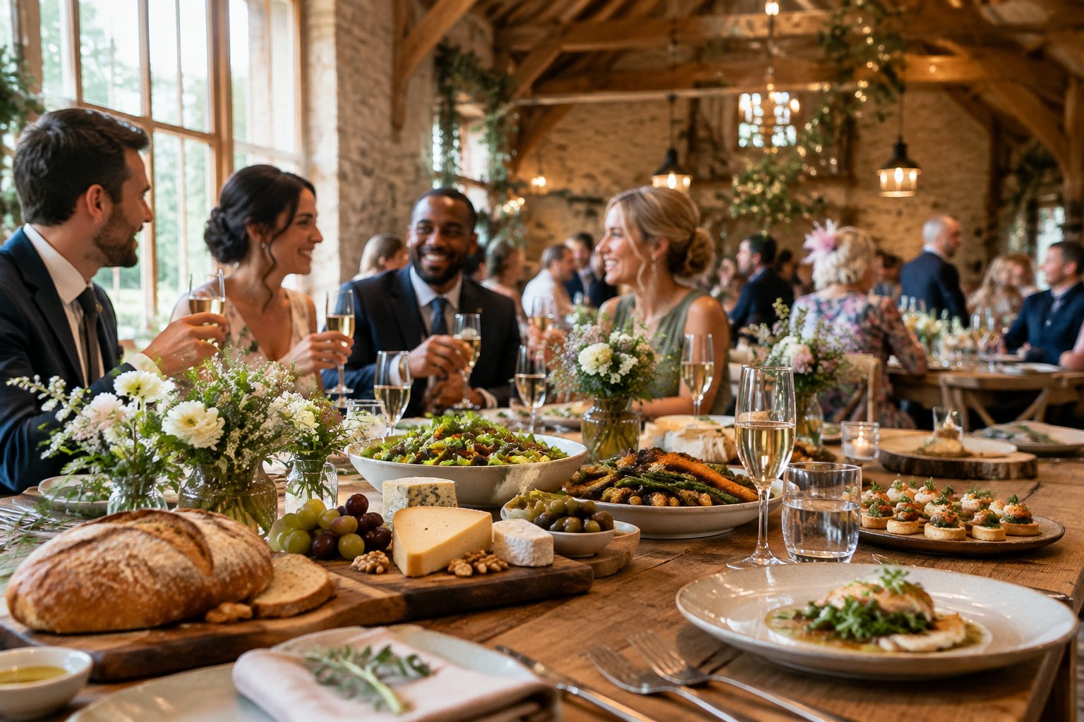 Guests enjoy locally sourced food and drinks at a warmly decorated barn wedding reception.