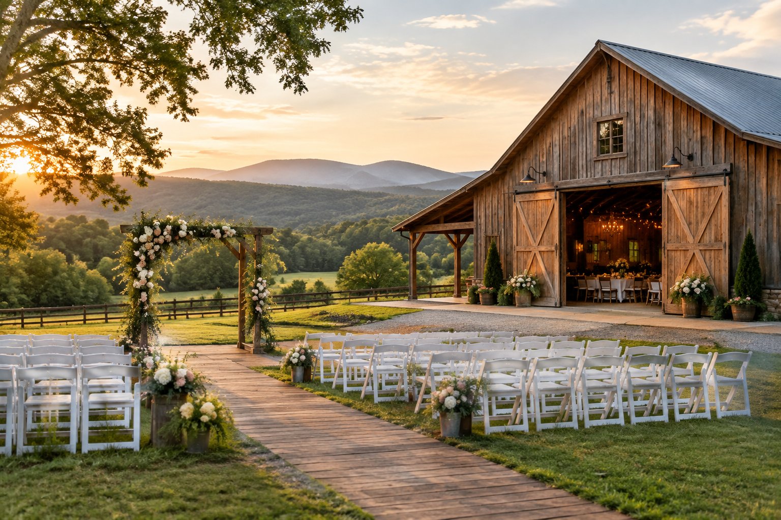 A rustic barn wedding venue with elegant outdoor ceremony seating in a scenic countryside setting.