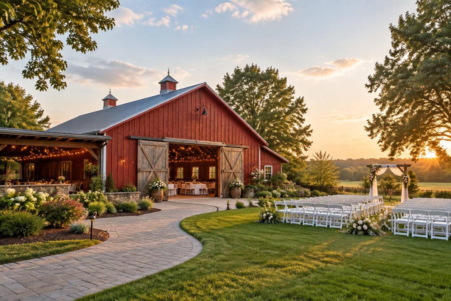 A rustic barn wedding venue with outdoor ceremony seating, floral decorations, and landscaped grounds.