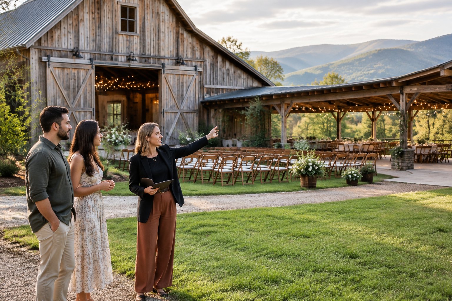 A couple tours a rustic barn wedding venue with a coordinator in the Tennessee countryside.