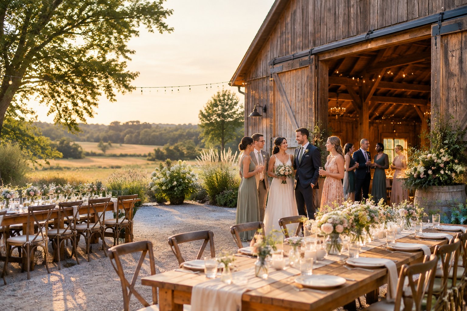 A newlywed couple and wedding guests gather outside a decorated rustic barn surrounded by meadow grasses and trees.