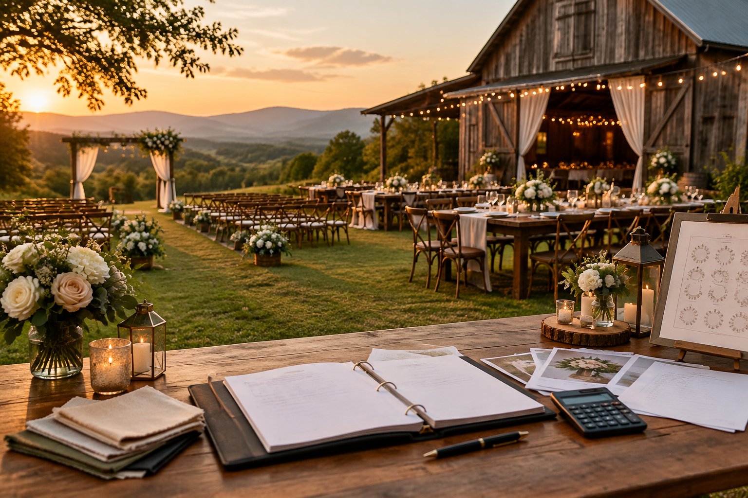 Rustic barn wedding venue with decorated tables and wedding planning materials in the Appalachian countryside.