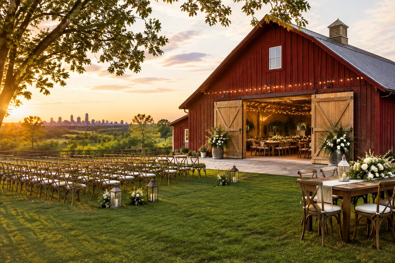 A rustic barn wedding venue with outdoor ceremony seating, string lights, tables, and greenery in a sunny countryside setting.