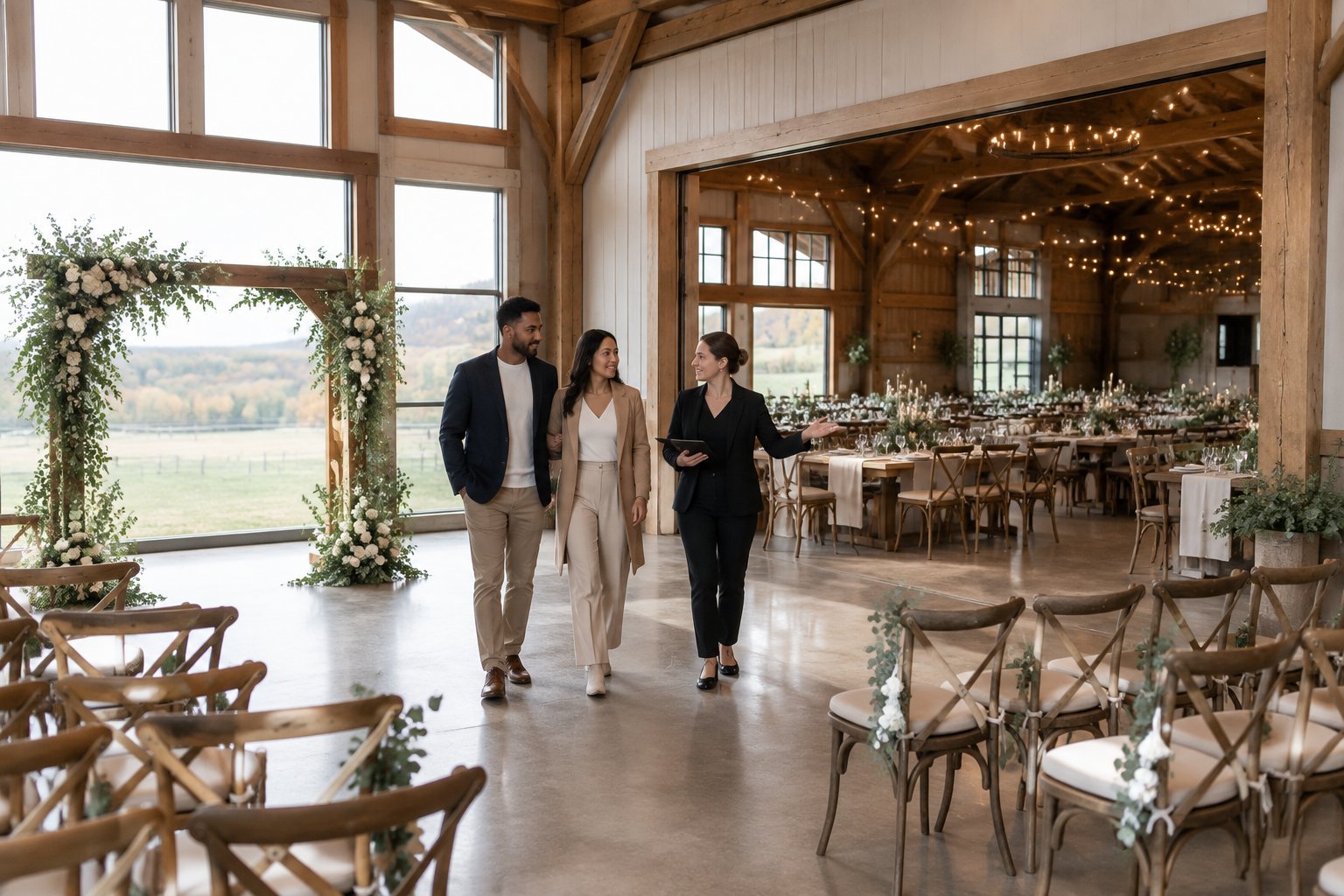 A couple and venue coordinator compare ceremony and reception areas inside a rustic barn wedding venue.