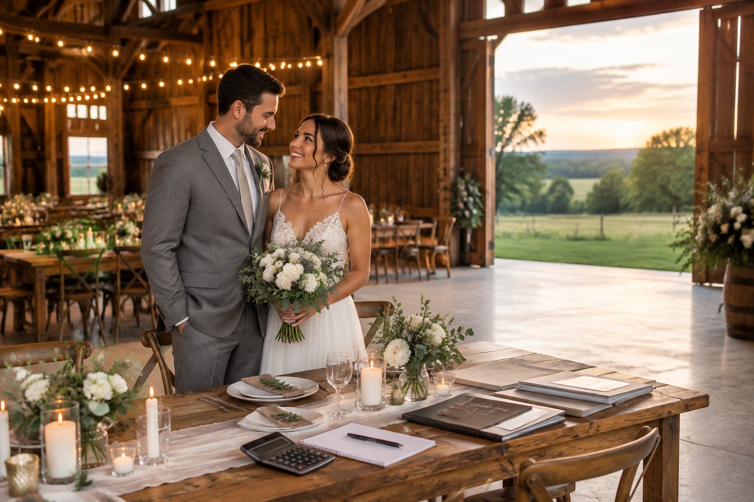 A couple stands inside a decorated barn wedding venue beside a reception table and budget planning materials.