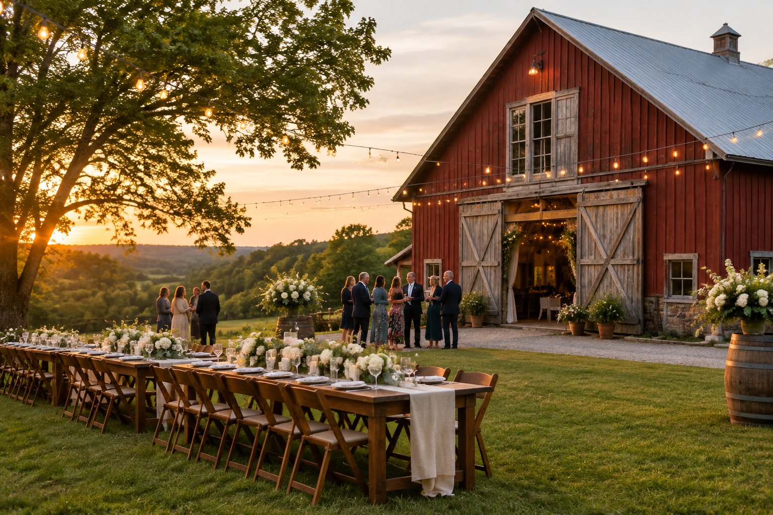 A renovated red barn beside a meadow with an elegant outdoor wedding reception setup and guests gathered nearby.