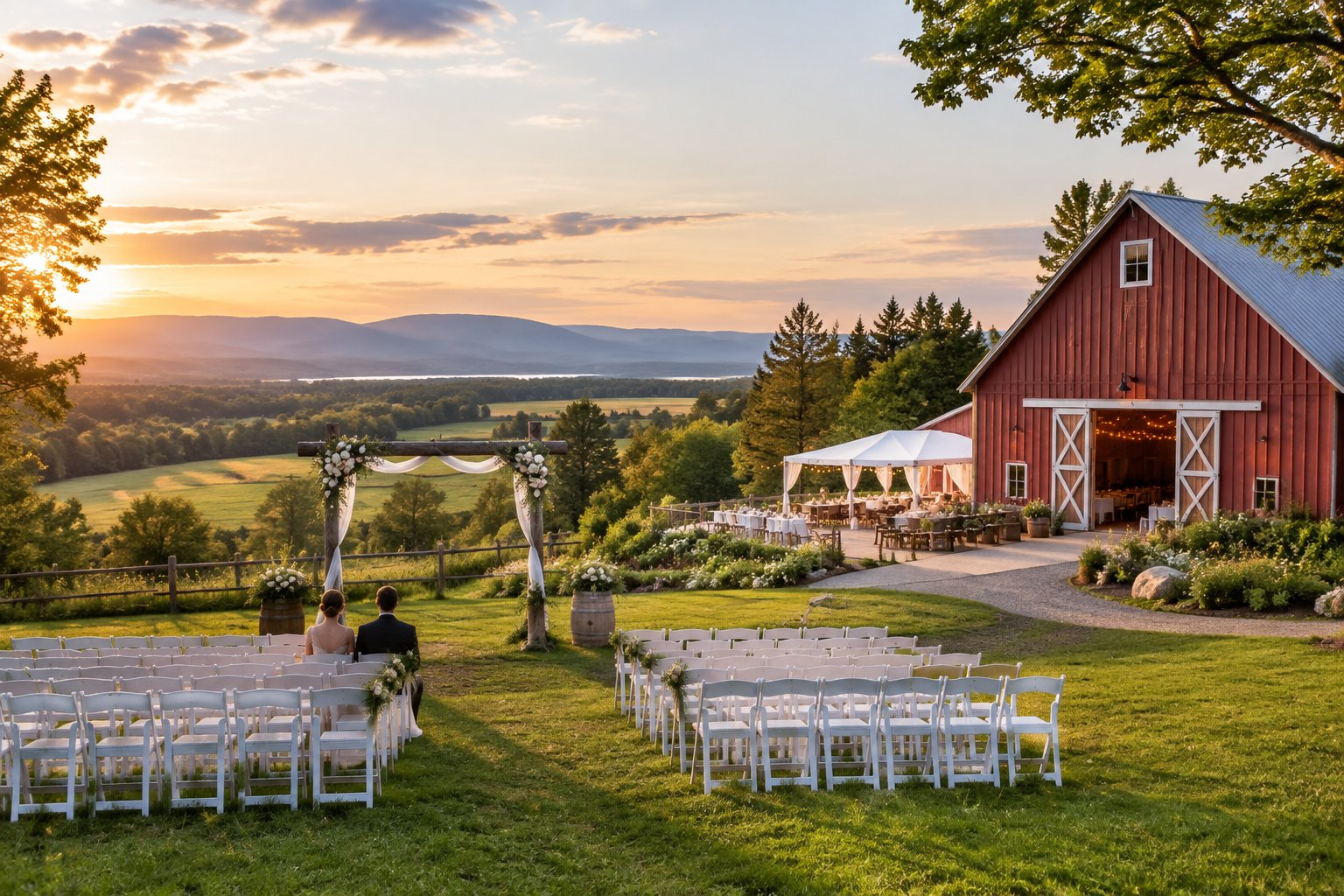 A rustic barn wedding venue surrounded by green fields and trees, with rows of white chairs arranged for an outdoor ceremony.