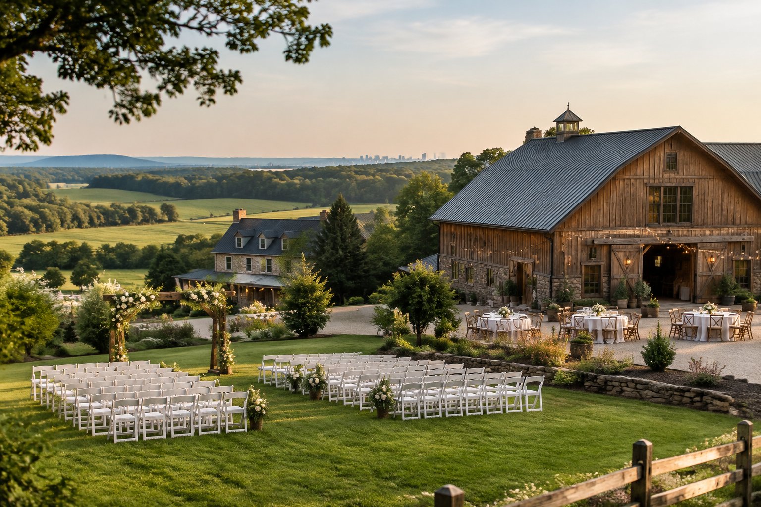 A restored barn and country wedding venue surrounded by green fields, with outdoor ceremony chairs and floral decorations.