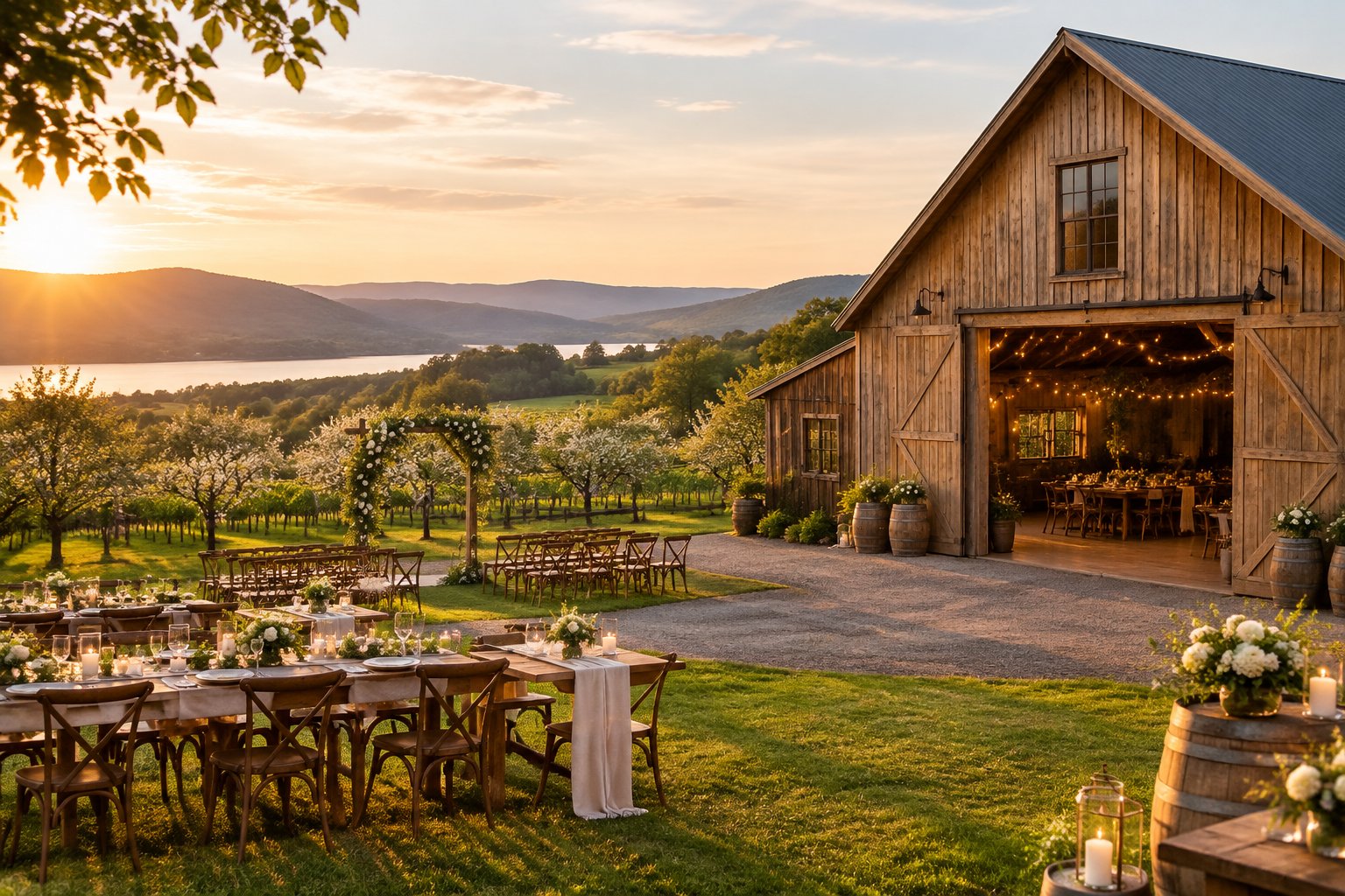 A rustic barn wedding venue surrounded by vineyards, orchard trees, and rolling countryside.