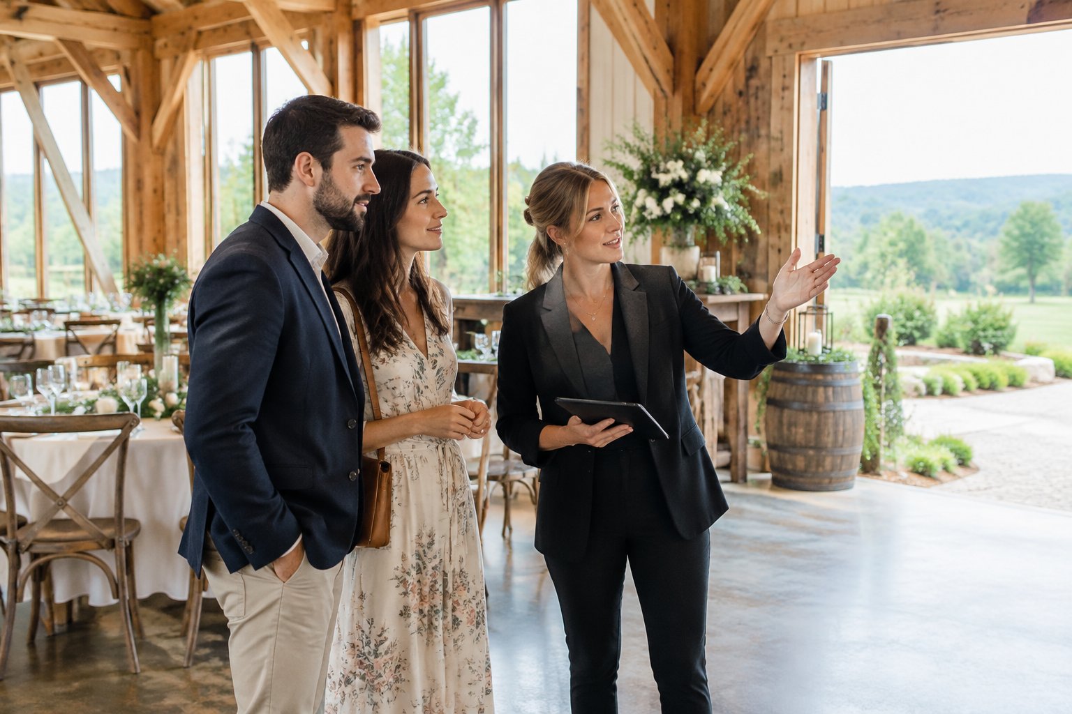 An engaged couple discusses a rustic barn wedding venue with a coordinator during a daytime tour.