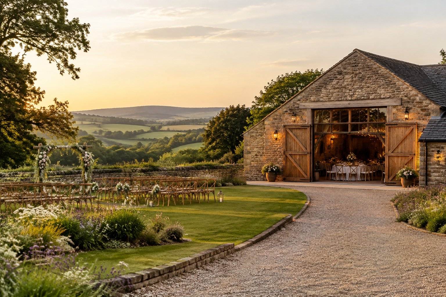 A rustic barn wedding venue surrounded by green countryside, flowers, and outdoor ceremony chairs.