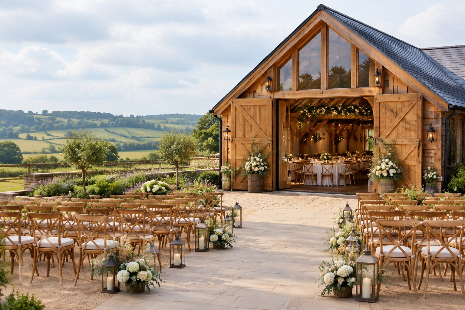 A rustic barn wedding venue surrounded by rolling countryside, with decorated chairs and a reception area prepared for a ceremony.