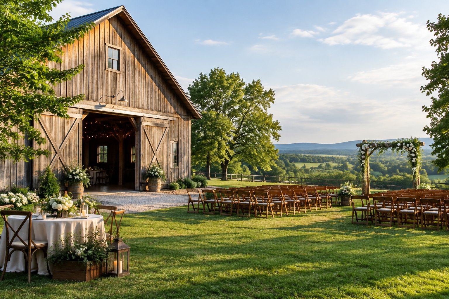 A rustic barn wedding venue surrounded by green countryside, with outdoor ceremony chairs and floral decorations.