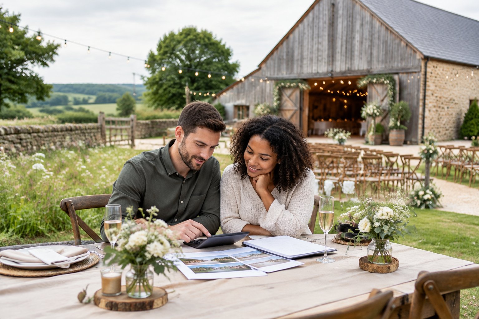 A couple reviews wedding plans at a decorated table outside a rustic barn venue in the countryside.