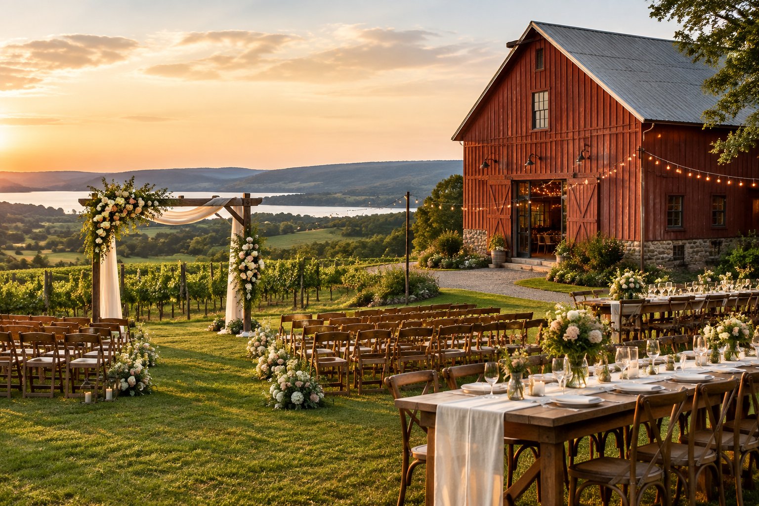 Rustic barn wedding venue with a flower-decorated ceremony arbor, outdoor seating, and rolling green countryside.