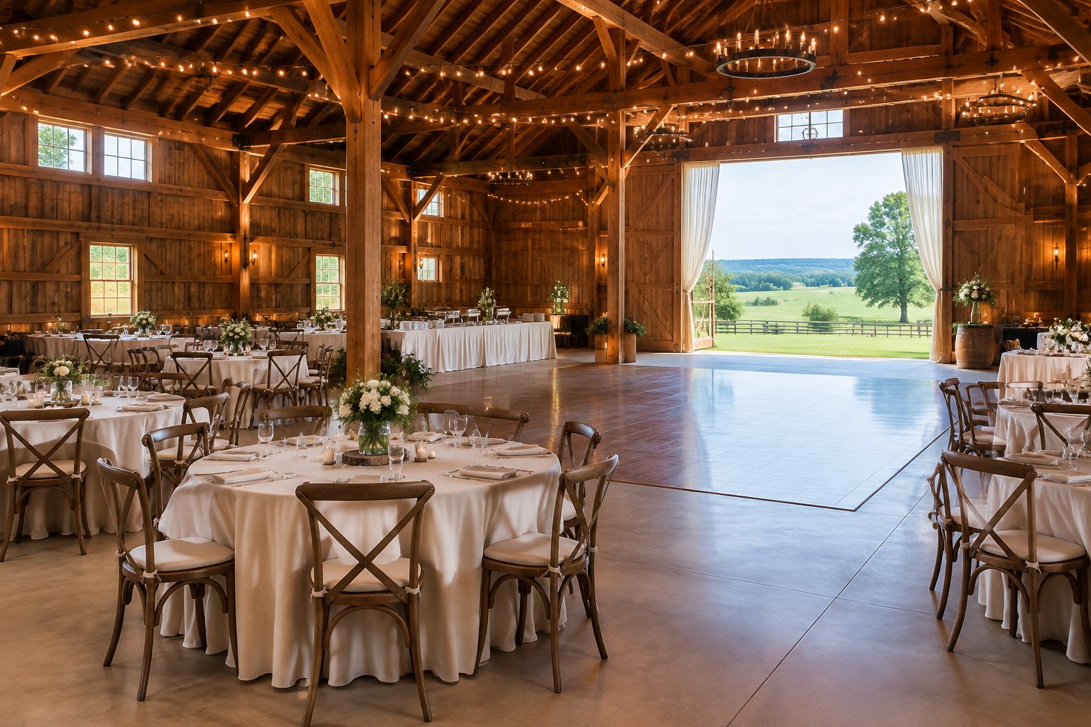 A decorated barn wedding reception space with dining tables, floral centerpieces, warm lights, and countryside visible through open doors.