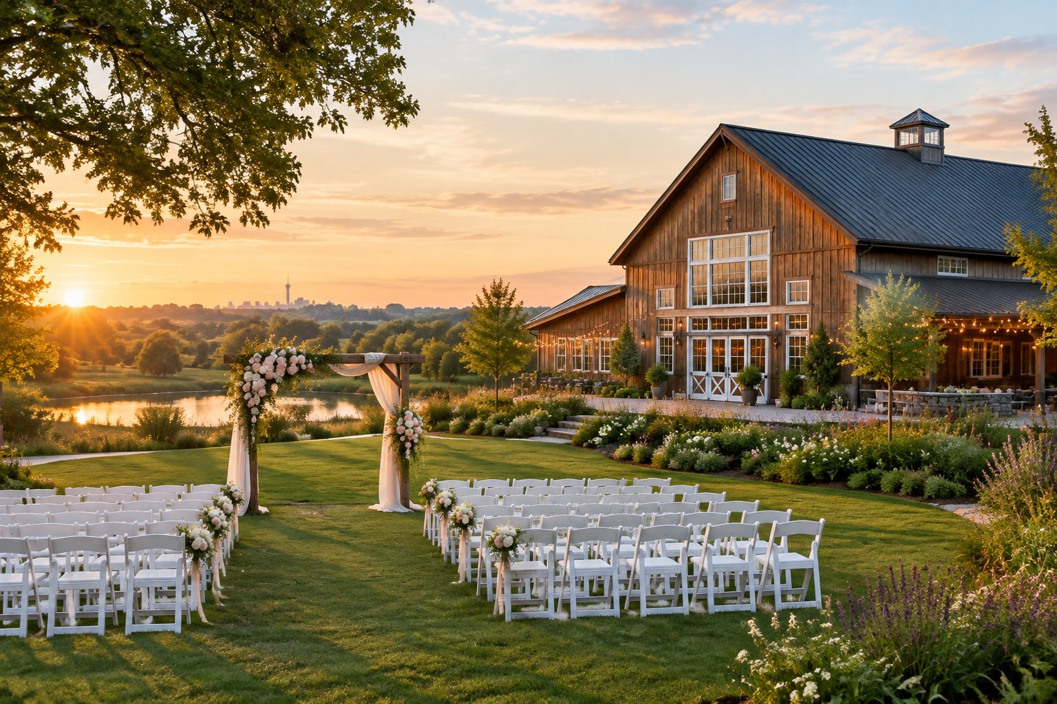 A rustic barn wedding venue with a flower-decorated ceremony arbor, white chairs, landscaped grounds, and countryside scenery.