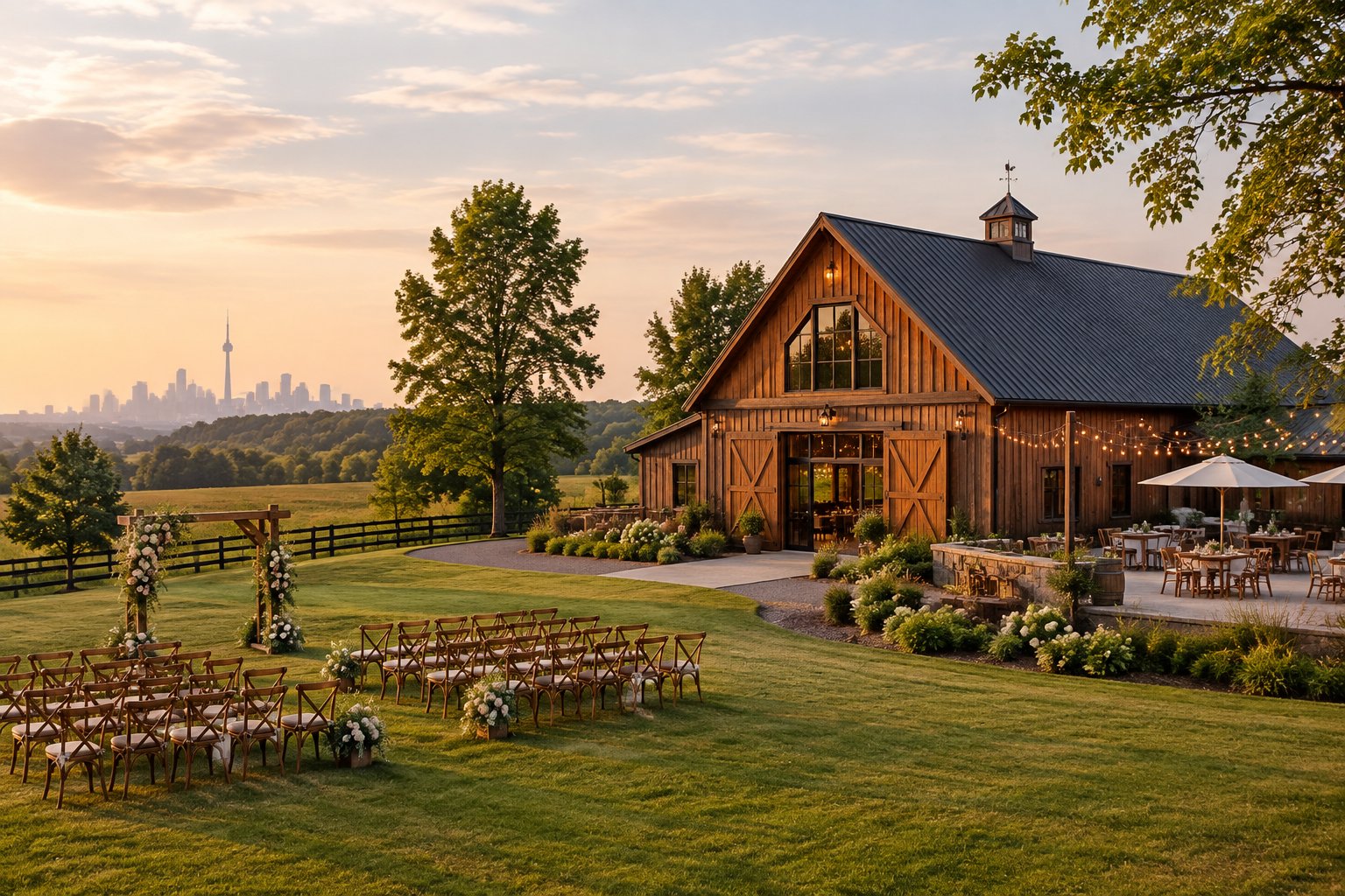A rustic barn wedding venue surrounded by green fields, trees, and a distant city skyline.