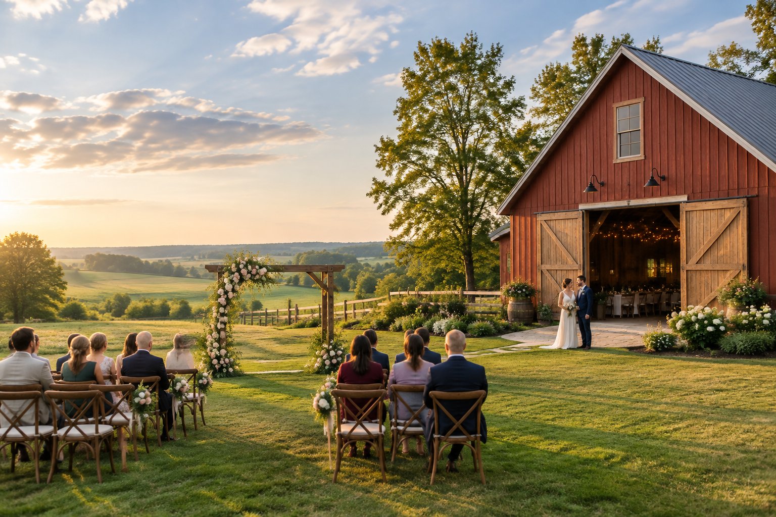 A rustic red barn wedding venue with an outdoor ceremony setup on a green farm surrounded by trees and fields.