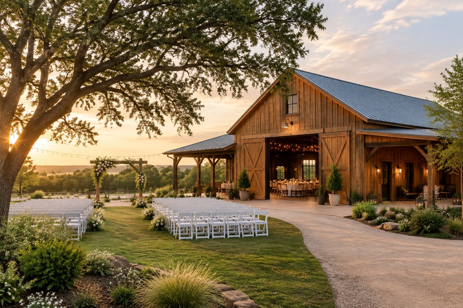 A rustic barn wedding venue with outdoor ceremony seating, floral decorations, and landscaped countryside surroundings.