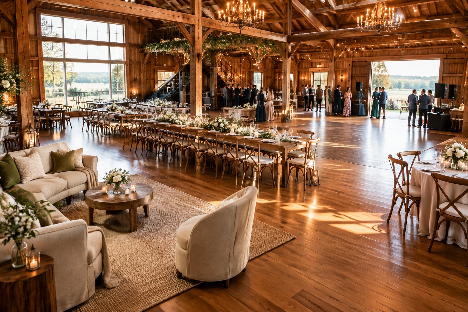 A spacious rustic barn wedding venue arranged with reception tables, seating, and a dance floor for celebrations of different sizes.