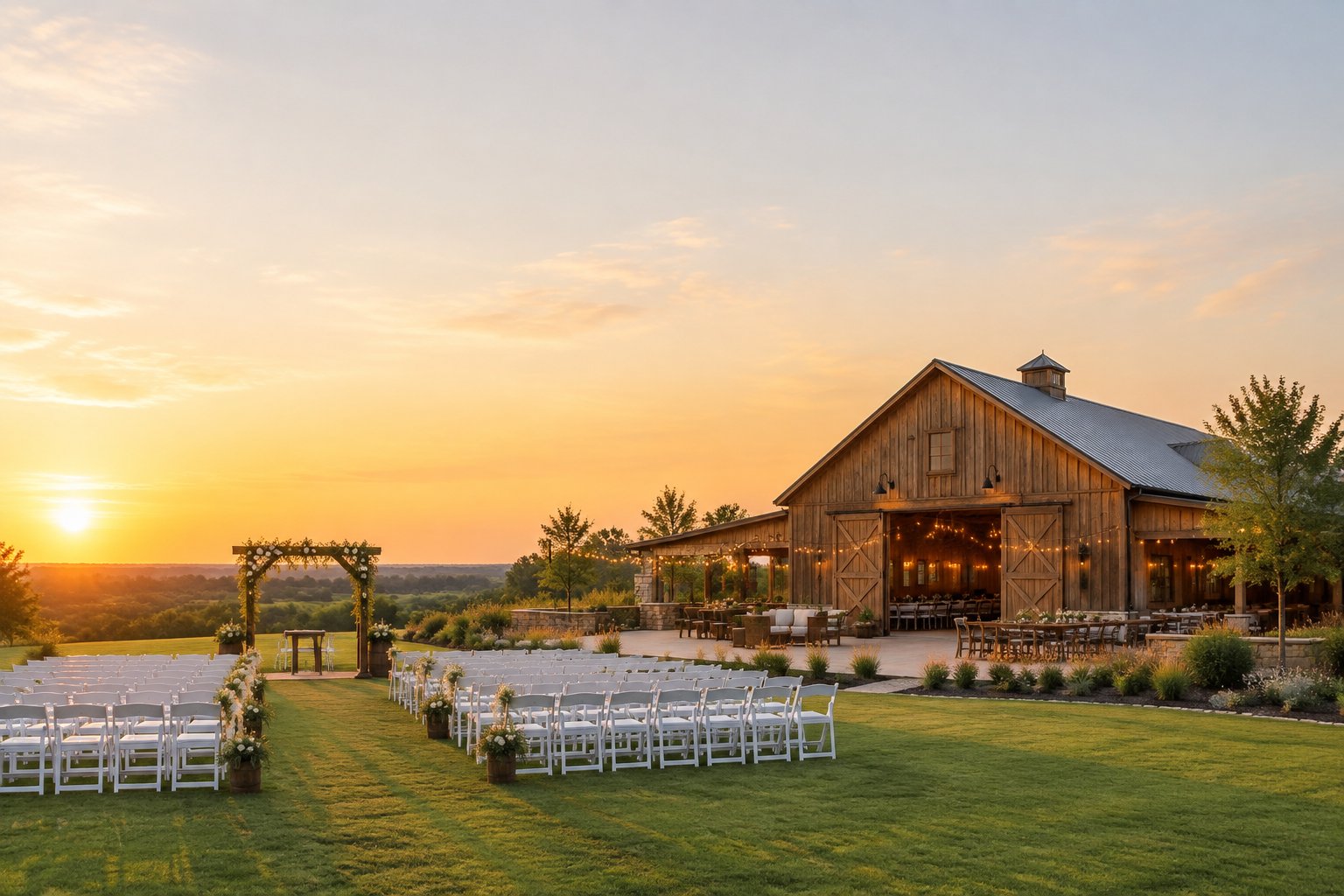 A rustic barn wedding venue with a floral ceremony arch, white chairs, and landscaped grounds at sunset.