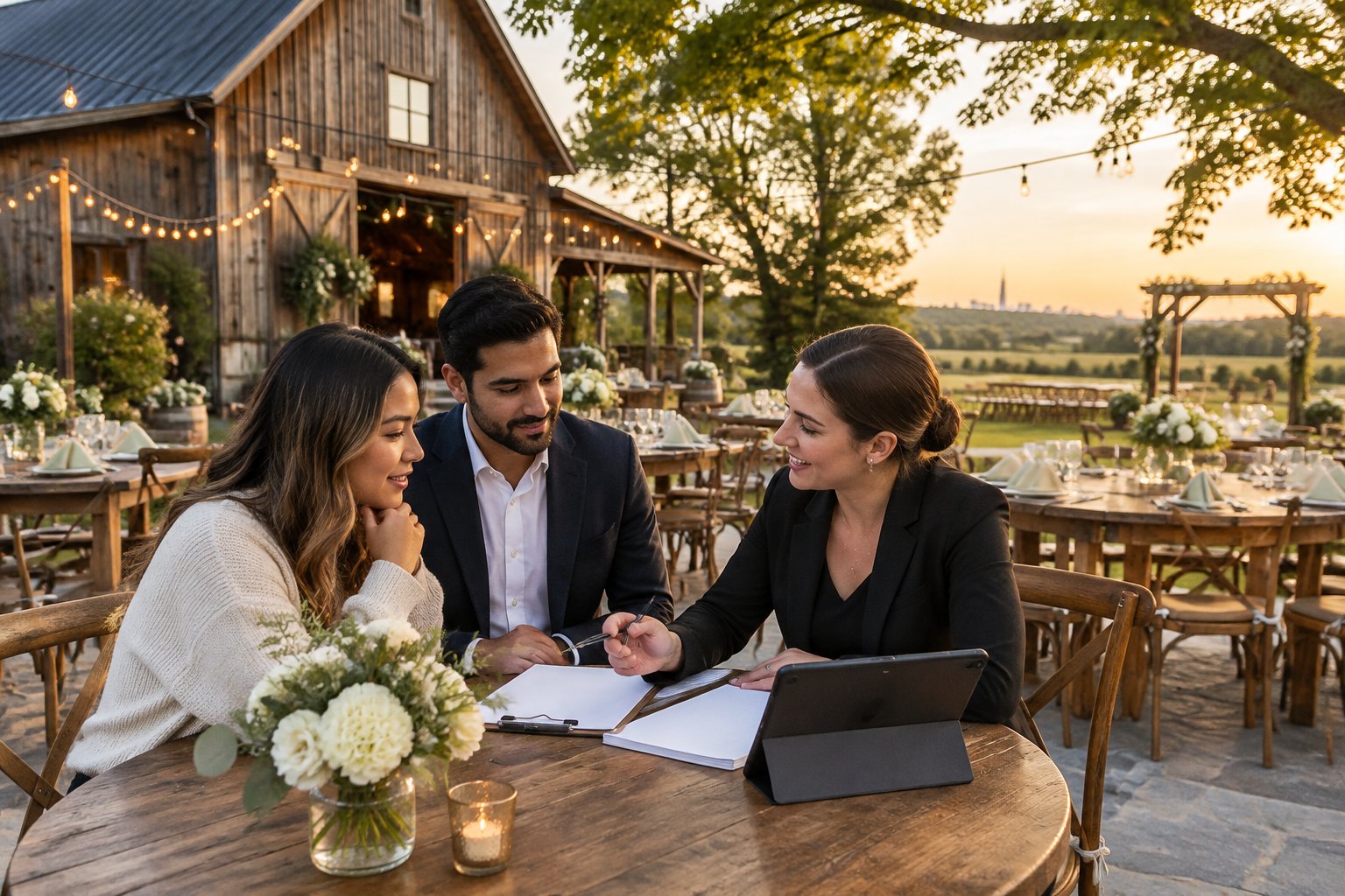A couple discusses wedding venue details with a coordinator outside a rustic barn.