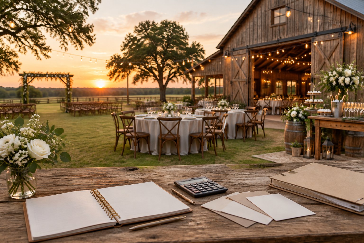 A rustic barn wedding venue with decorated reception tables and wedding planning items on a nearby table at sunset.