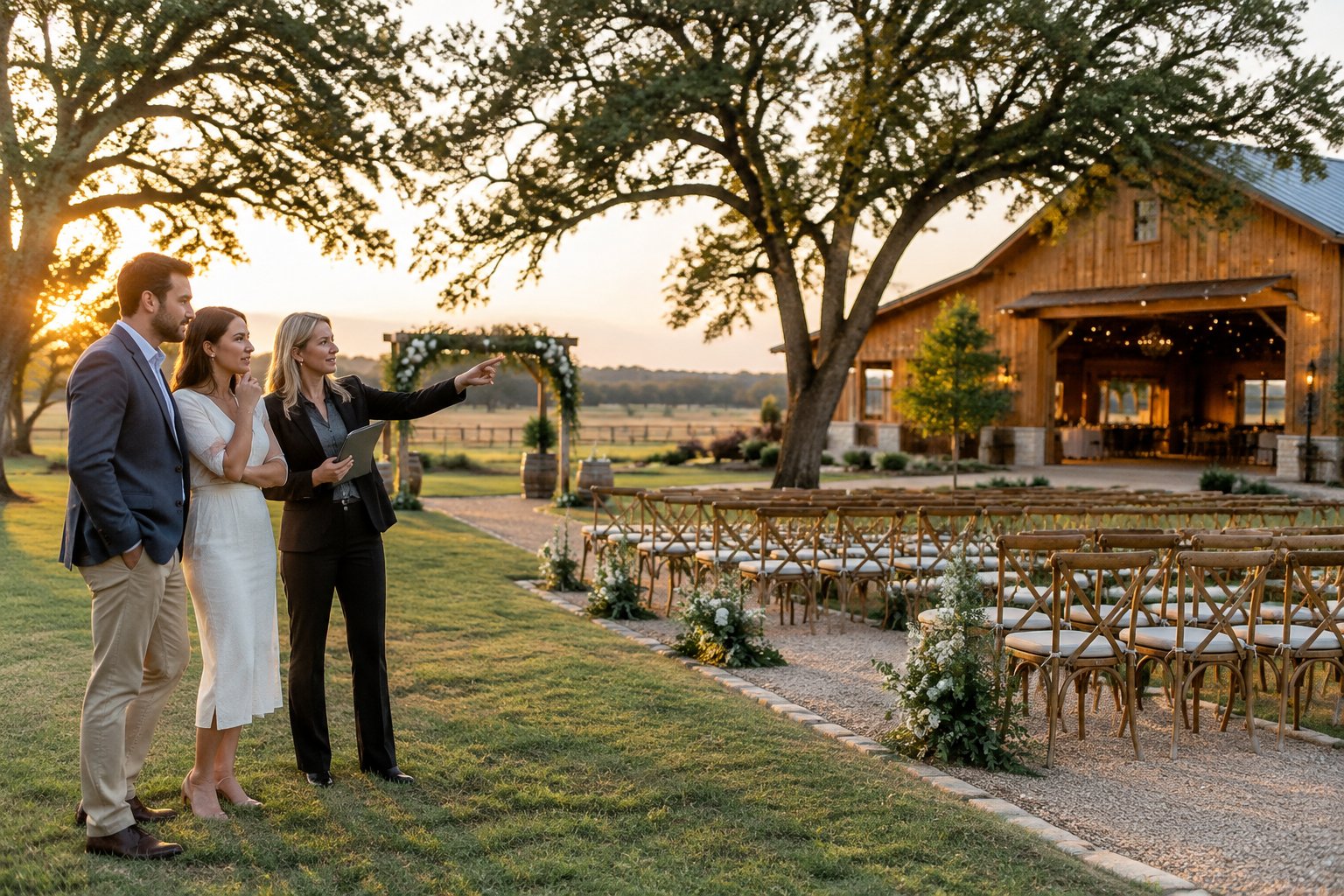 A couple and wedding planner evaluate an elegant barn wedding venue in a sunny North Texas countryside setting.