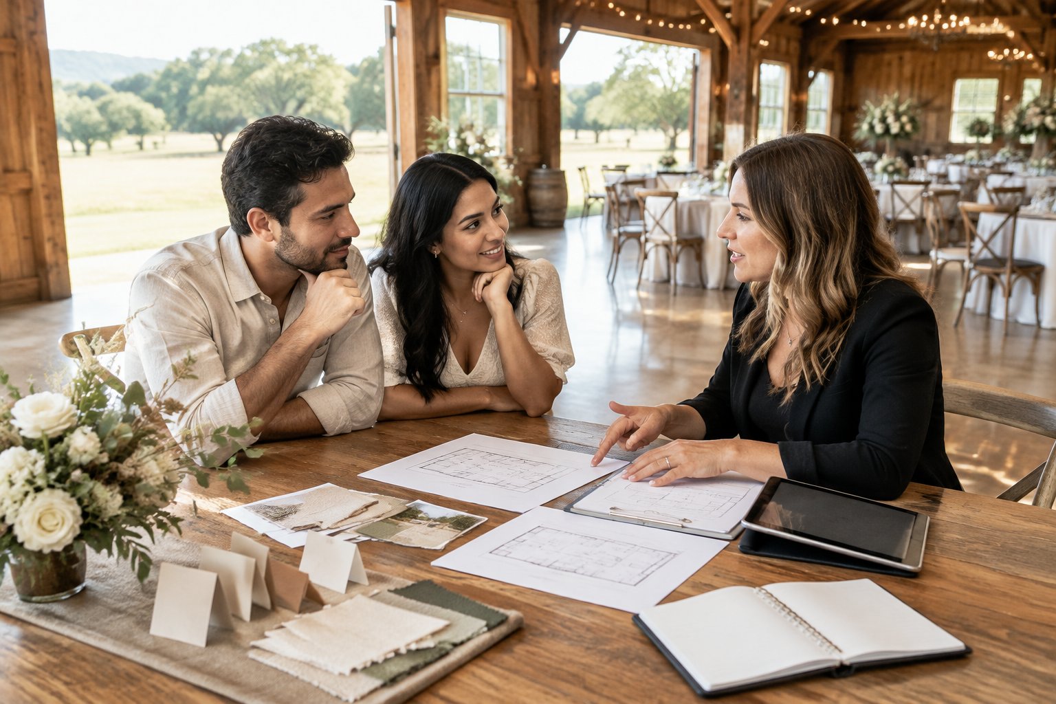 A couple discusses barn wedding venue details with a coordinator at a table during a daytime site visit.