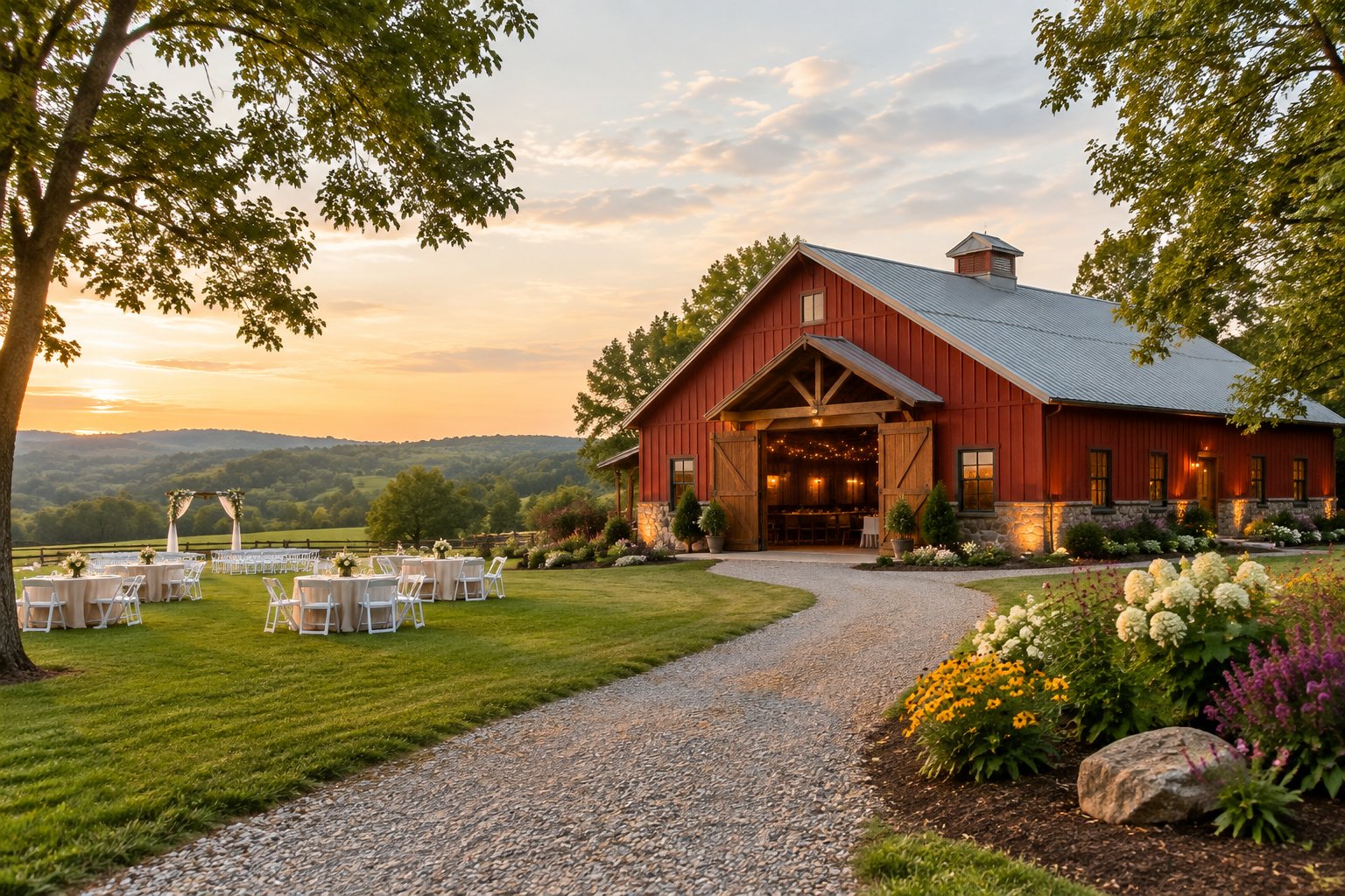 A rustic red barn wedding venue surrounded by greenery, outdoor seating, and a ceremony arch in the countryside.