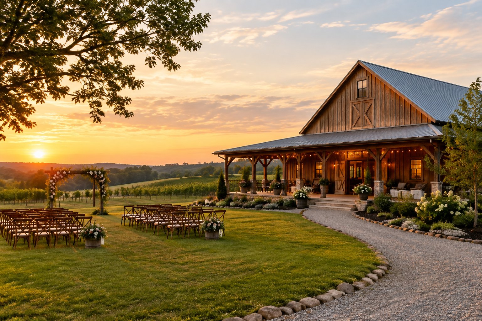 A rustic barn wedding venue with decorated ceremony chairs, floral arrangements, and string lights in a scenic countryside setting.