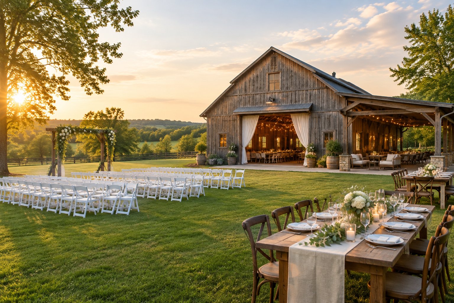 A rustic barn wedding venue with decorated ceremony chairs, a floral arbor, and reception tables on a green lawn.