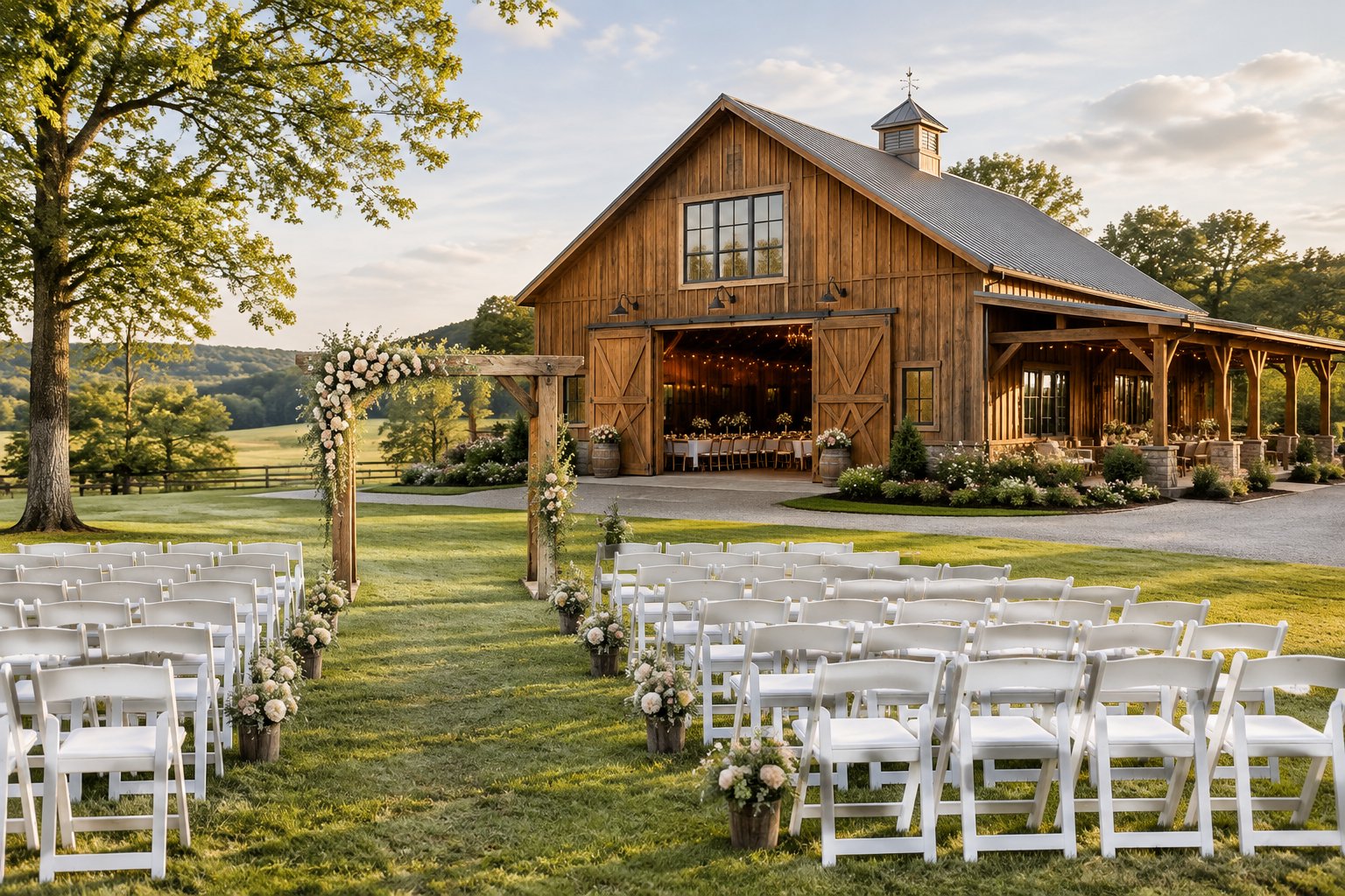 A rustic red barn wedding venue with an outdoor ceremony setup, white chairs, floral arbor, and green countryside surroundings.