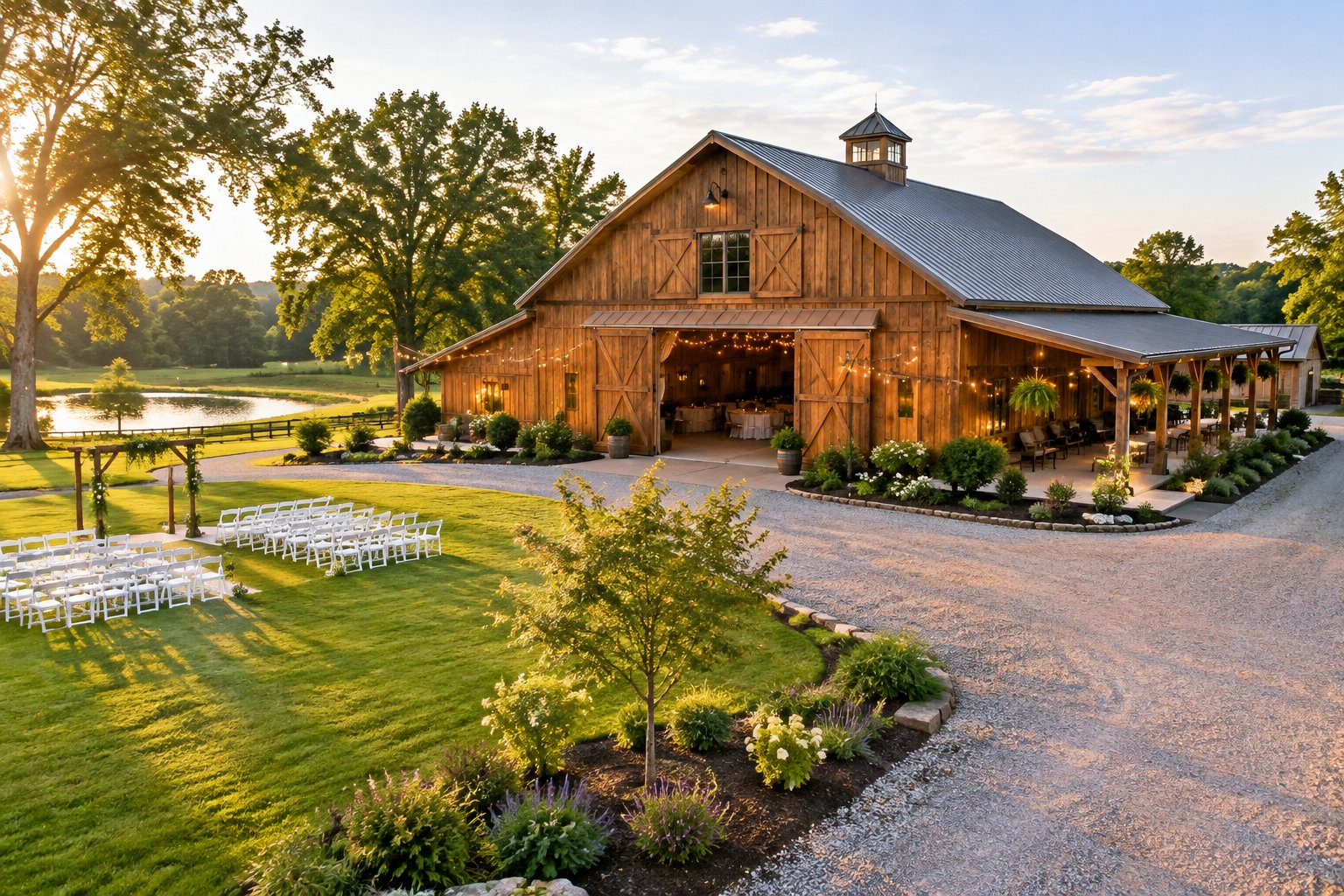 A restored wooden barn wedding venue with landscaped grounds, outdoor chairs, and reception tables.