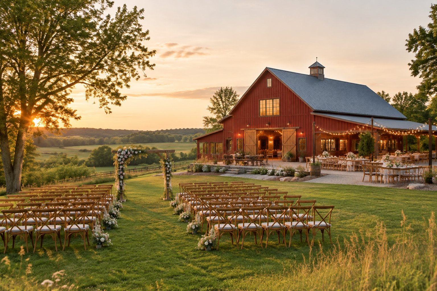 A restored red barn wedding venue surrounded by green fields, with an outdoor ceremony setup and floral arch.
