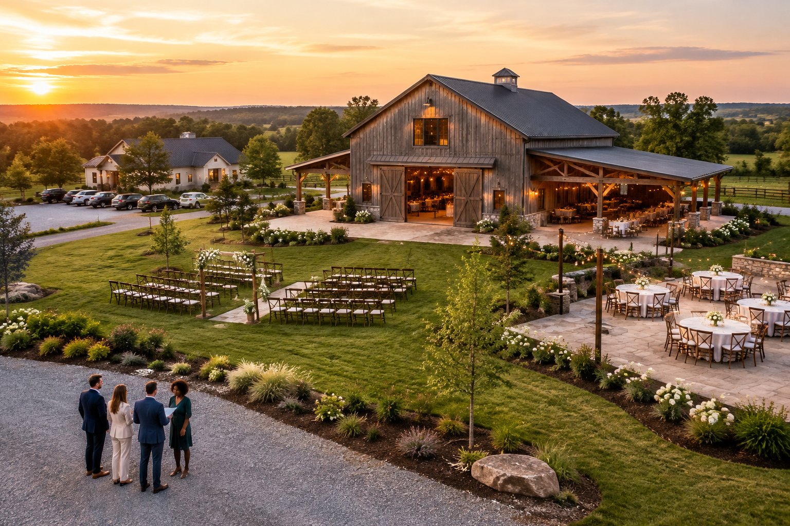 A restored barn wedding venue with landscaped grounds, outdoor reception tables, parking, and several people reviewing the property.