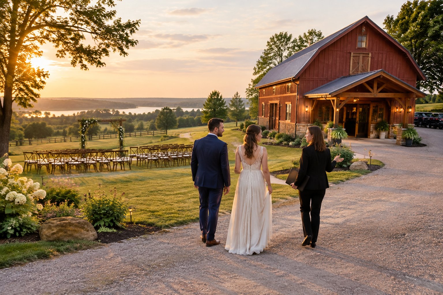 A couple and a venue coordinator inspect the grounds of a rustic barn wedding venue in the Ontario countryside.